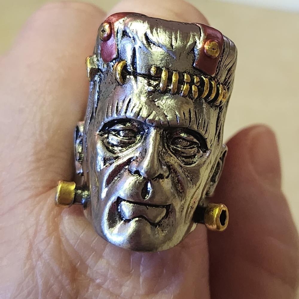 Frankenstein Face Statement Ring - Silver & Gold … - image 1